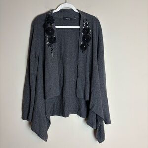 Saks Fifth Avenue Cashmere Gray Black Embellished Floral Open Cardigan Size XL